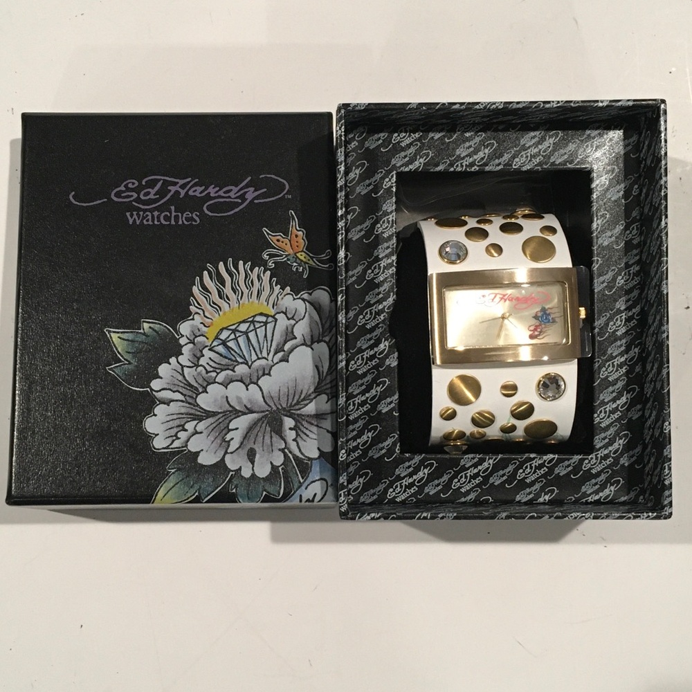 Ed Hardy Love Child Women’s Quartz Watch, Leather Strap, Swarovski Crystals, NWT